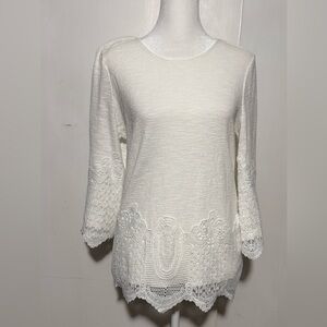 Adrianna Papell White Gauzy Crochet Trim Top Size S